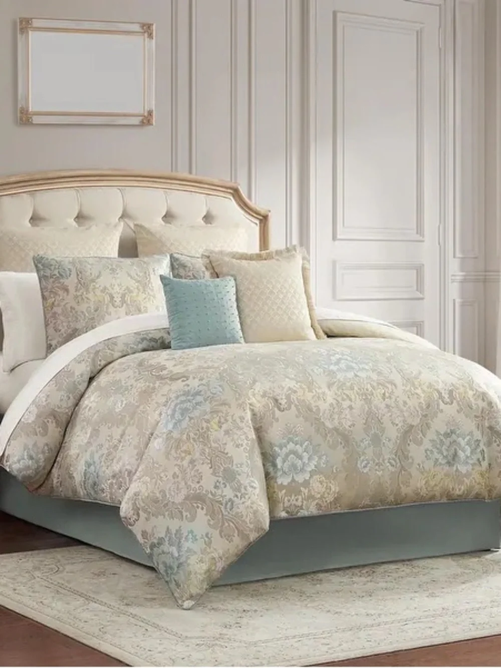 Waterford Beige and Light Blue Floral Damask Comforter Set Sz Queen NWT